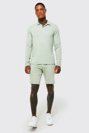 Long Sleeve Ribbed V Neck Polo & Shorts Set