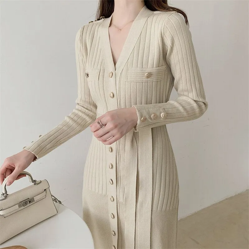 Long Sleeve Winter Chic Elegant V Neck Ribbed Knitted Dress Button Up Office Midi Dress With Belt