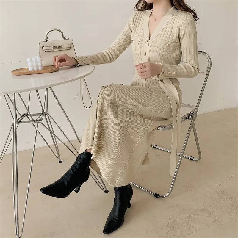 Long Sleeve Winter Chic Elegant V Neck Ribbed Knitted Dress Button Up Office Midi Dress With Belt