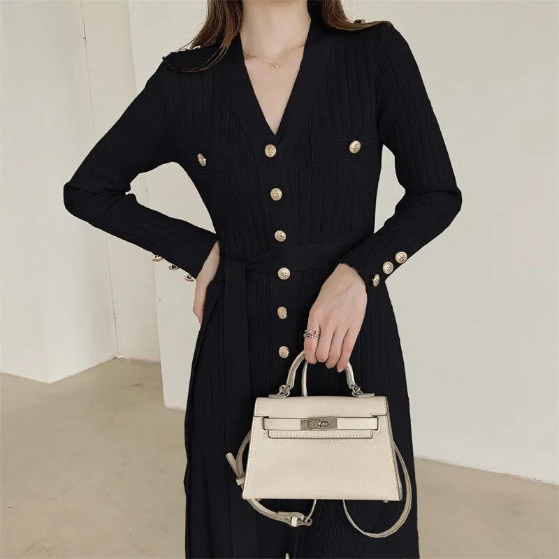 Long Sleeve Winter Chic Elegant V Neck Ribbed Knitted Dress Button Up Office Midi Dress With Belt