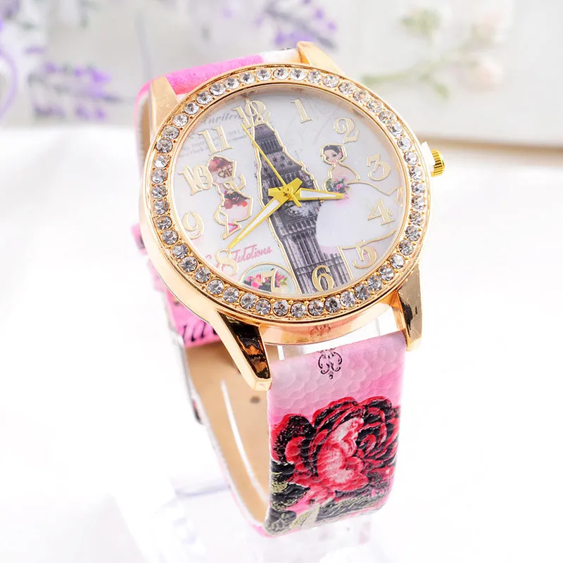 Luxury Women Watch Crystal Paris Wedding Lady Beauty PU Leather Women Relojes Casual Lady Dress Clocks Bling