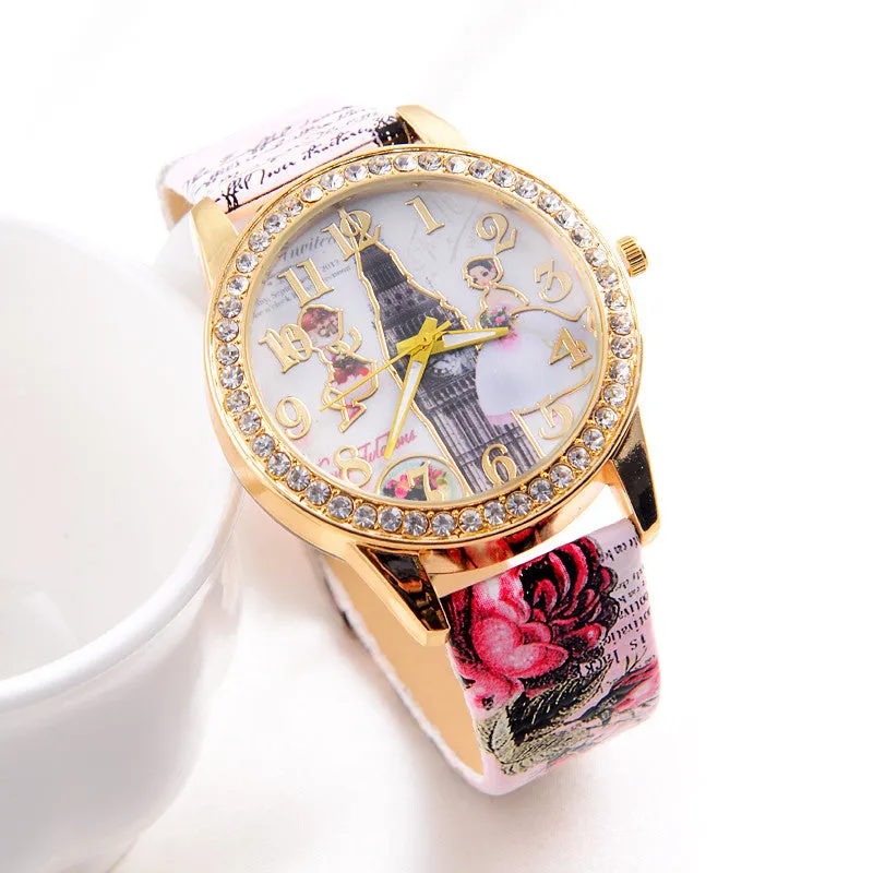 Luxury Women Watch Crystal Paris Wedding Lady Beauty PU Leather Women Relojes Casual Lady Dress Clocks Bling