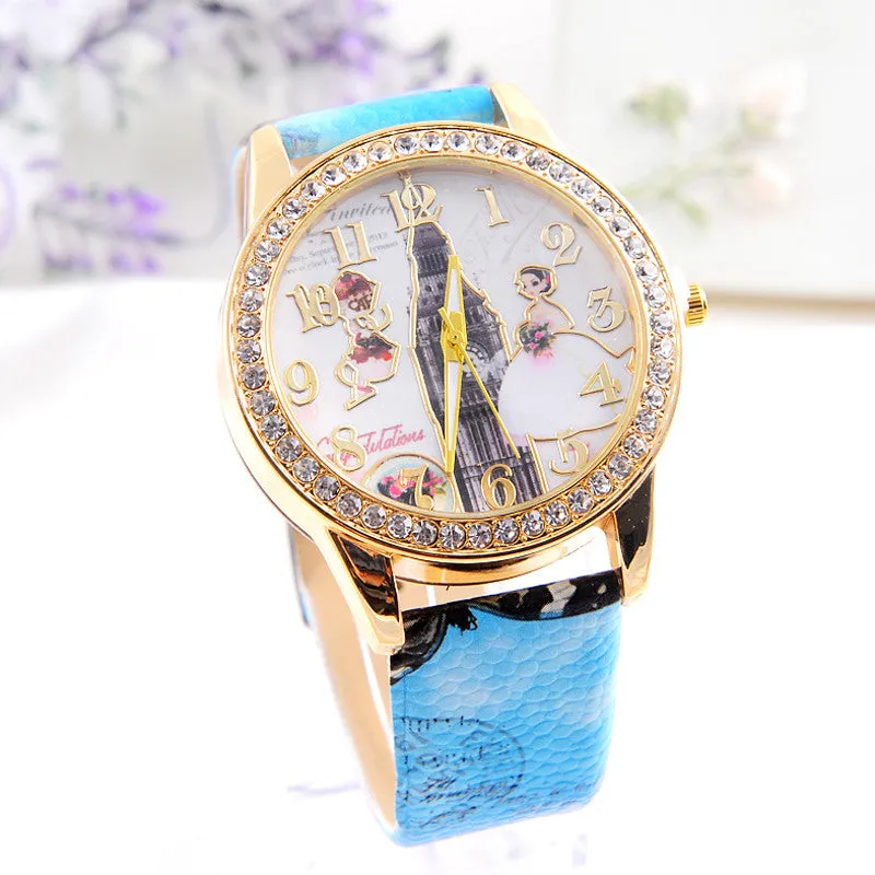 Luxury Women Watch Crystal Paris Wedding Lady Beauty PU Leather Women Relojes Casual Lady Dress Clocks Bling