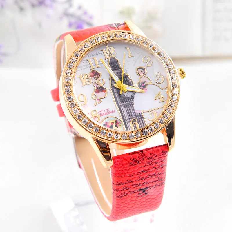 Luxury Women Watch Crystal Paris Wedding Lady Beauty PU Leather Women Relojes Casual Lady Dress Clocks Bling