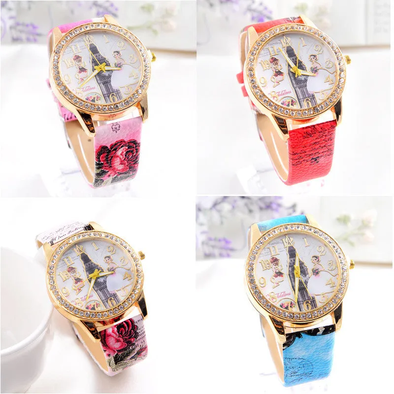 Luxury Women Watch Crystal Paris Wedding Lady Beauty PU Leather Women Relojes Casual Lady Dress Clocks Bling