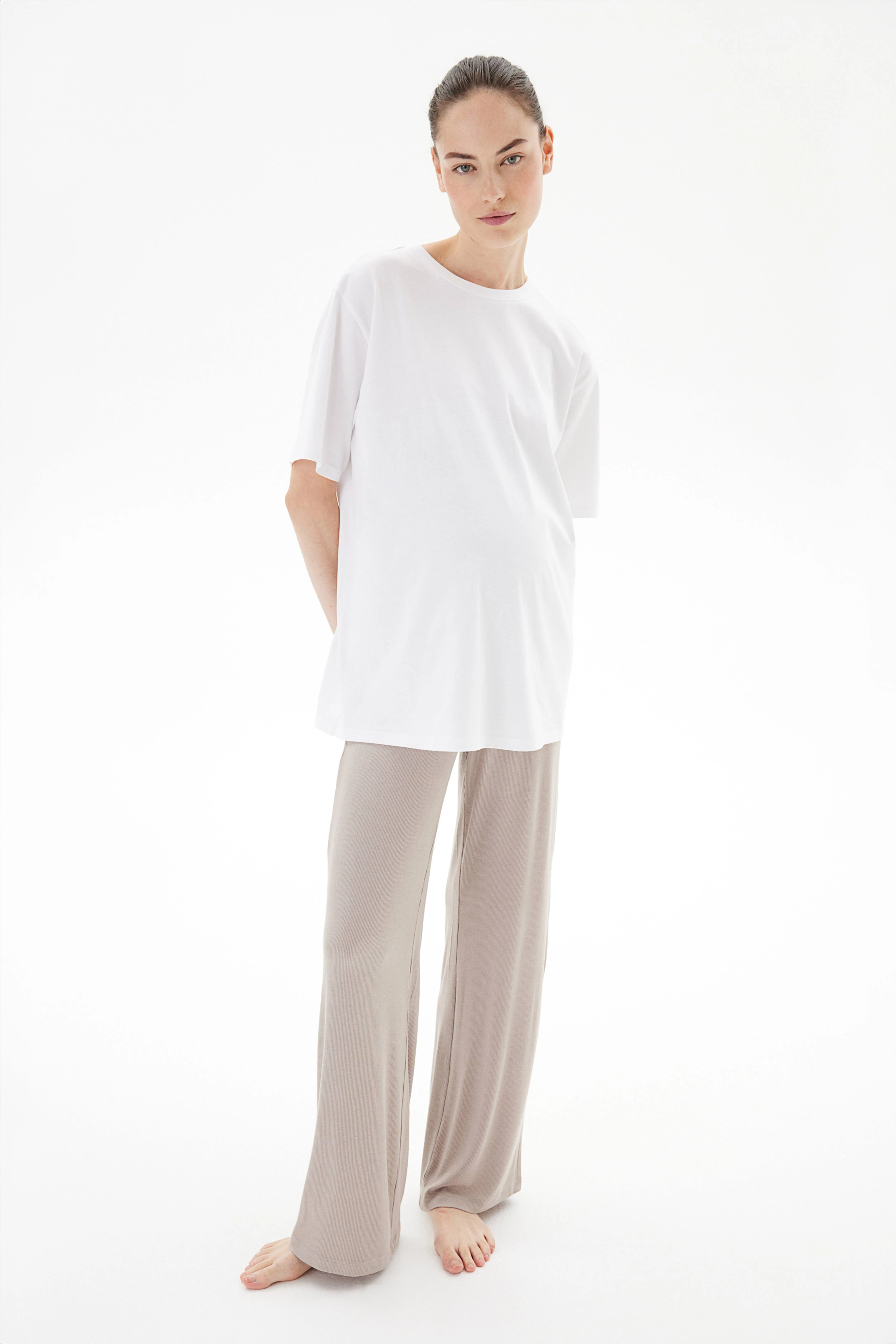 MAMA Before & After ribbed jersey trousers - Regular waist - Long - Light beige - Ladies | H&M GB