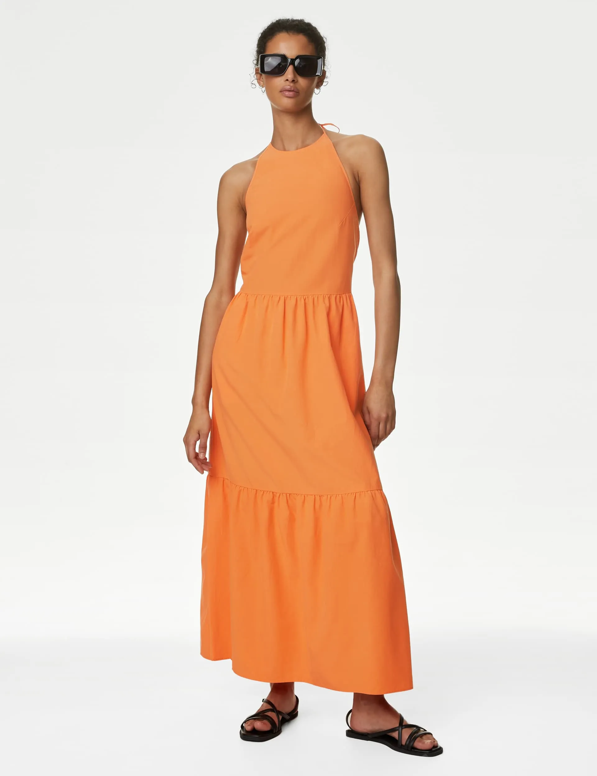 M&S Women's Cotton Blend Halter Neck Midi Tiered Dress - 16REG - Orange, Orange