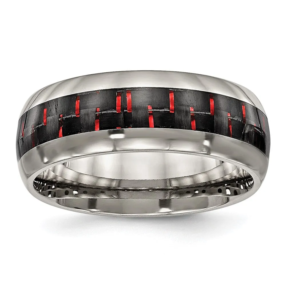 Men's 8mm Titanium Black/Red Carbon Fiber Domed Comfort Fit Band