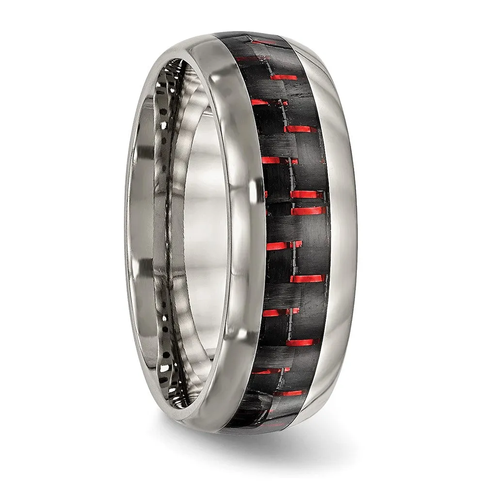 Men's 8mm Titanium Black/Red Carbon Fiber Domed Comfort Fit Band