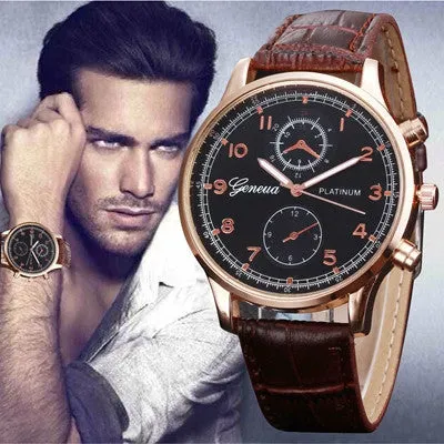 Mens Watch Geneva Top Luxury Retro Design PU Leather Band Analog Alloy Quartz Wrist Watch Relogio Masculino