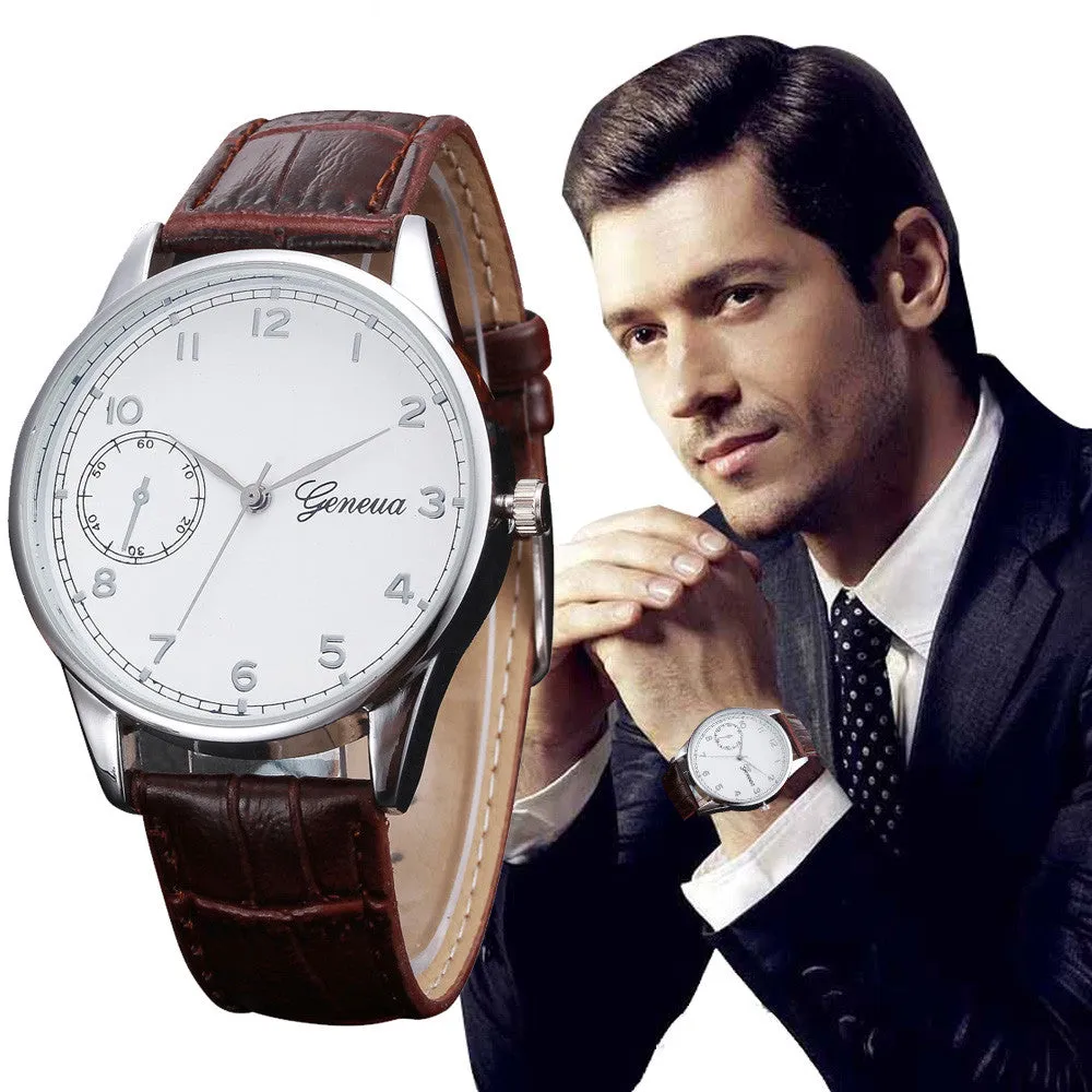 Mens Watch Geneva Top Luxury Retro Design PU Leather Band Analog Alloy Quartz Wrist Watch Relogio Masculino