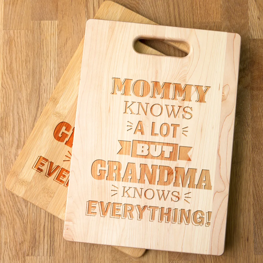 Mommy Knows a Lot but Grandma Knows Everything Personalized Maple Cutting Board