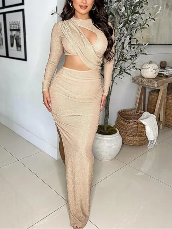 Momnfancy Apricot Cut Out Irregular Side Slit Photoshoot Bodycon Clubwear Party Maternity Maxi Dress