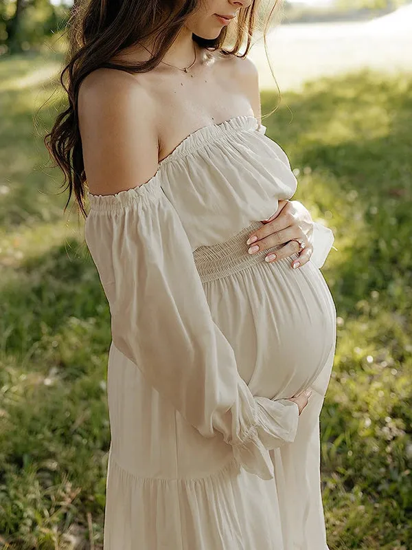 Momnfancy Apricot Off Shoulder Ruffle Slit Flowy Photoshoot Maternity Maxi Dress