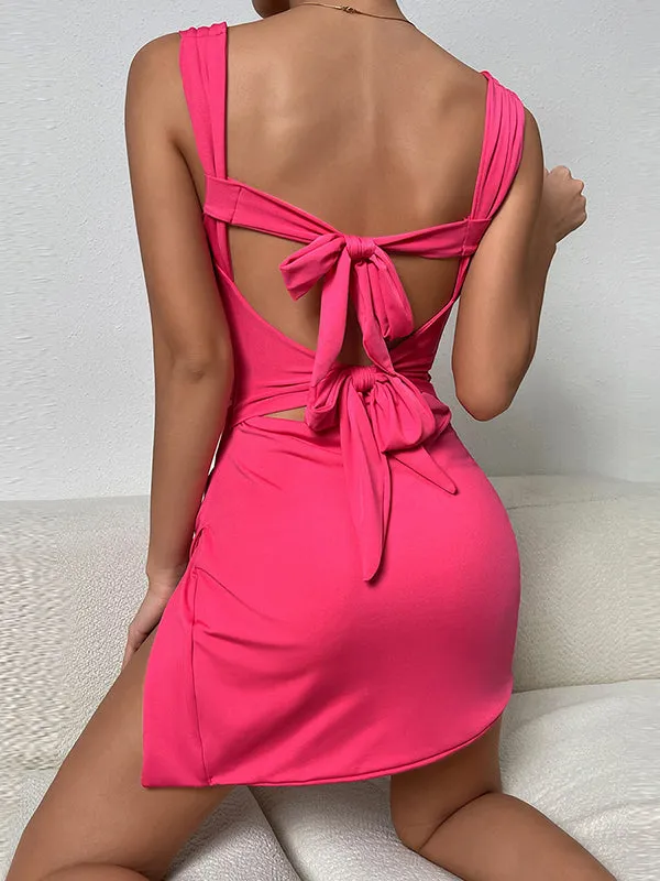 Momnfancy Backless Bowknot Side Slit Bodycon Boat Neck Fashion BabyShower Maternity Mini Dress