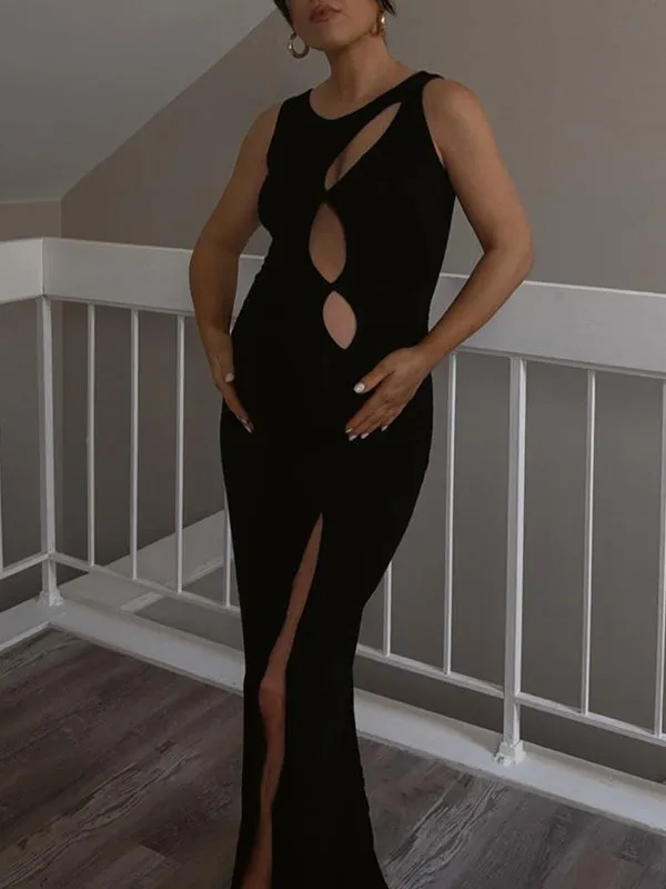 Momnfancy Black Backless Cut Out Halter Neck Side Slit Party Going Out Maternity Photoshoot Midi Dress