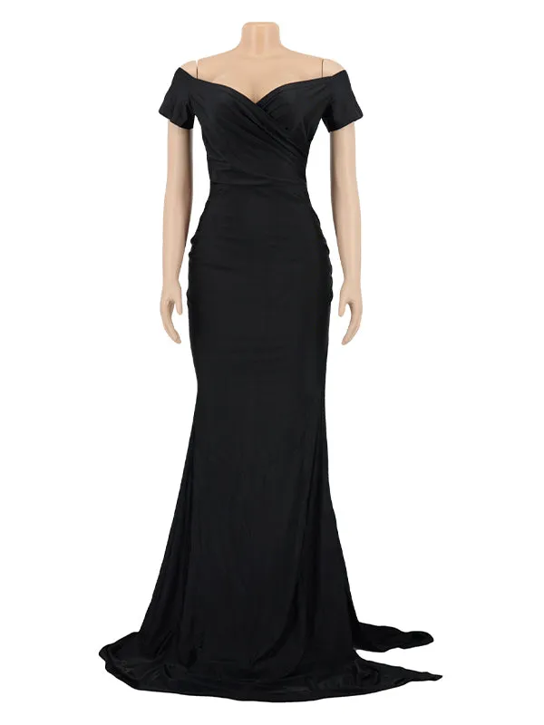 Momnfancy Black Off Shoulder Side Slit Bodycon Baby Shower Photoshoot Gown Maternity Maxi Dress