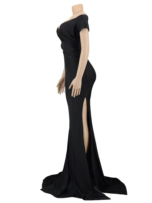 Momnfancy Black Off Shoulder Side Slit Bodycon Baby Shower Photoshoot Gown Maternity Maxi Dress