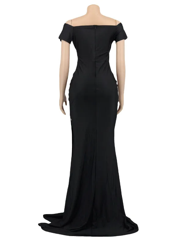 Momnfancy Black Off Shoulder Side Slit Bodycon Baby Shower Photoshoot Gown Maternity Maxi Dress