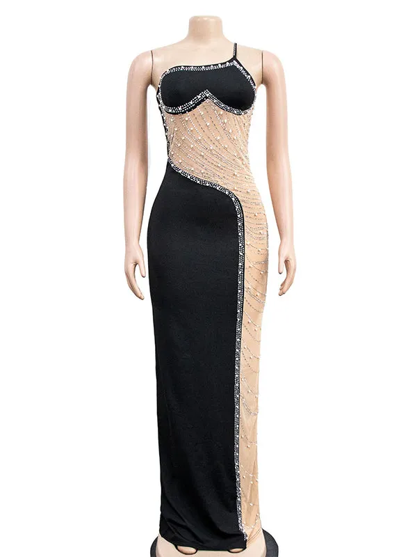 Momnfancy Black One Shoulder Rhinestone Mesh Sheer Back Slit Bodycon Evening Photoshoot Gown Maternity Maxi Dress