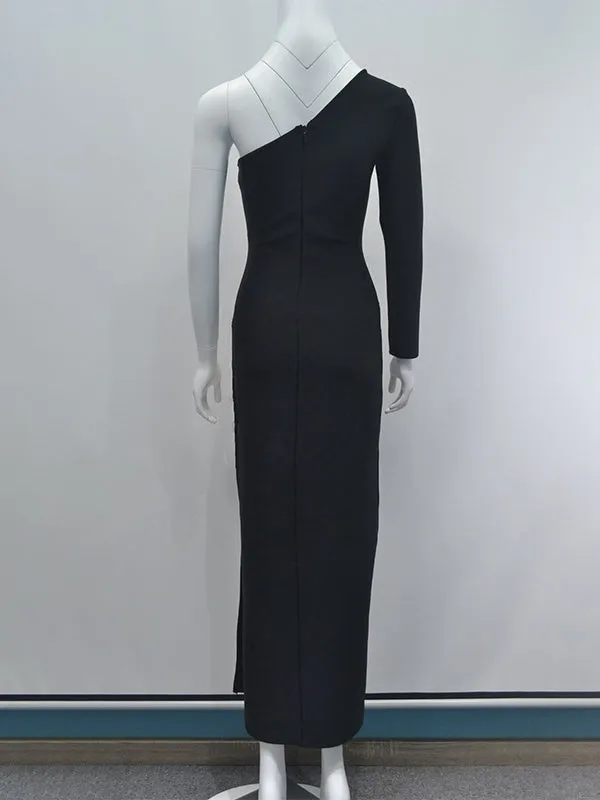 Momnfancy Black One Sleeve Side Slit Sheer Bodycon Elegant Photoshoot Gown Maternity Maxi Dress