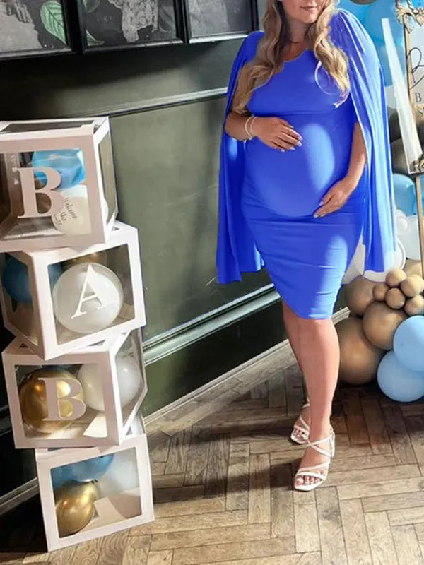 Momnfancy Blue Cloak Slit Sleeve Ruched Bodycon Party Elegant Baby Shower Maternity Midi Dress