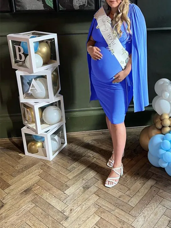 Momnfancy Blue Cloak Slit Sleeve Ruched Bodycon Party Elegant Baby Shower Maternity Midi Dress