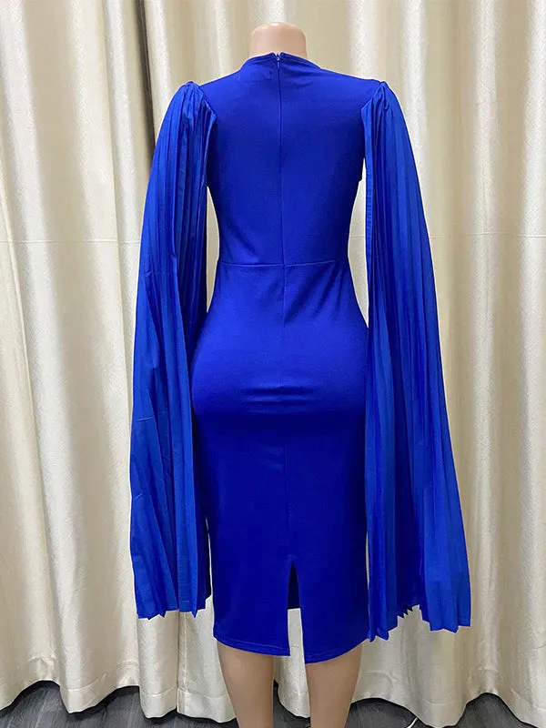 Momnfancy Blue Cloak Slit Sleeve Ruched Bodycon Party Elegant Baby Shower Maternity Midi Dress