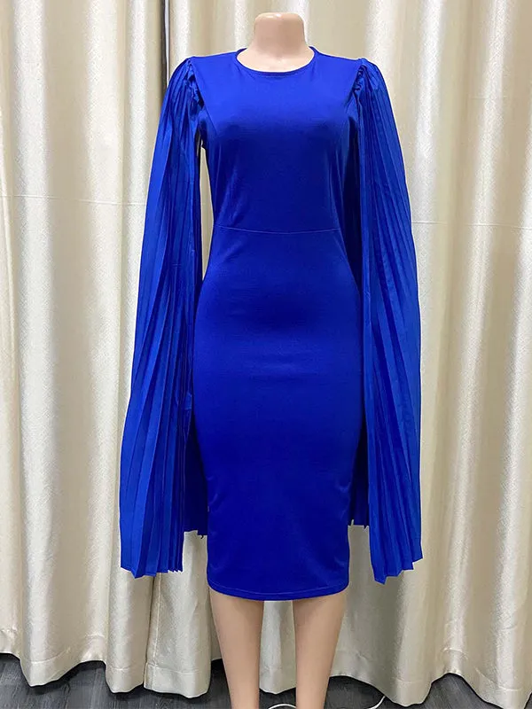 Momnfancy Blue Cloak Slit Sleeve Ruched Bodycon Party Elegant Baby Shower Maternity Midi Dress