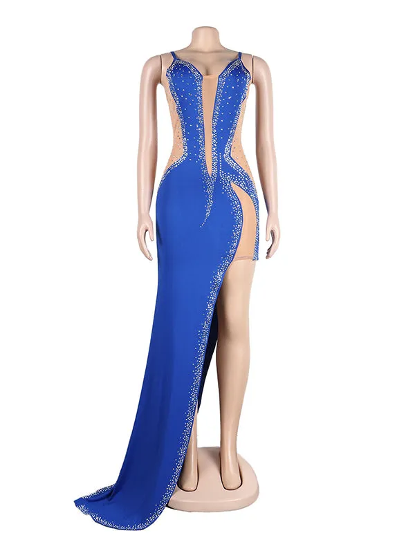 Momnfancy Blue Rhinestone Mesh Sheer Side Slit Bodycon Evening Photoshoot Gown Maternity Maxi Dress