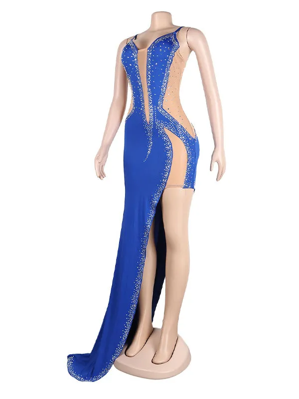 Momnfancy Blue Rhinestone Mesh Sheer Side Slit Bodycon Evening Photoshoot Gown Maternity Maxi Dress