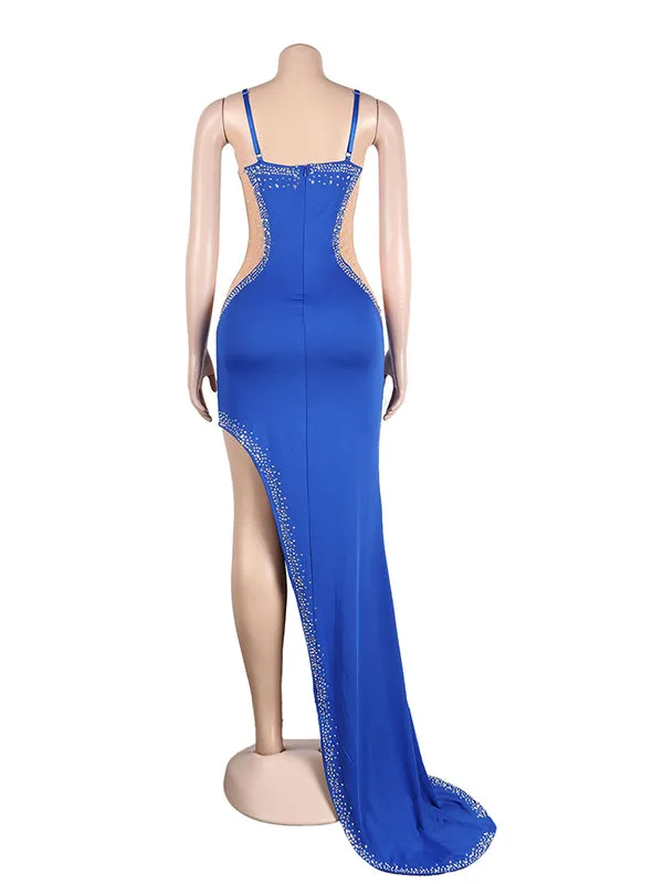 Momnfancy Blue Rhinestone Mesh Sheer Side Slit Bodycon Evening Photoshoot Gown Maternity Maxi Dress