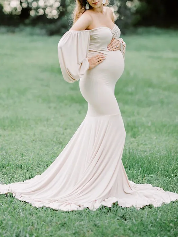 Momnfancy Bodycon Off Shoulder Slit Mermaid Baby Shower Maternity Maxi Dress