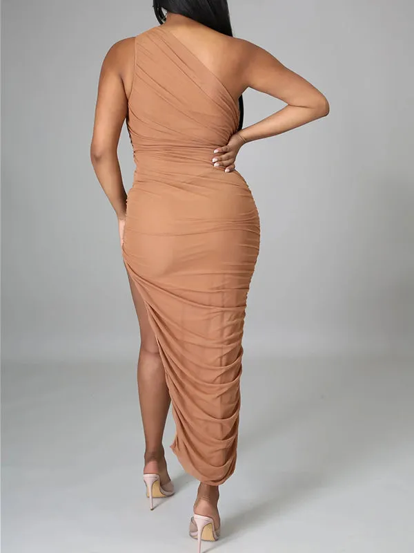 Momnfancy Brown Ruched Belly Friendly Side Slit Oblique Shoulder Babyshower Maternity Maxi Dress