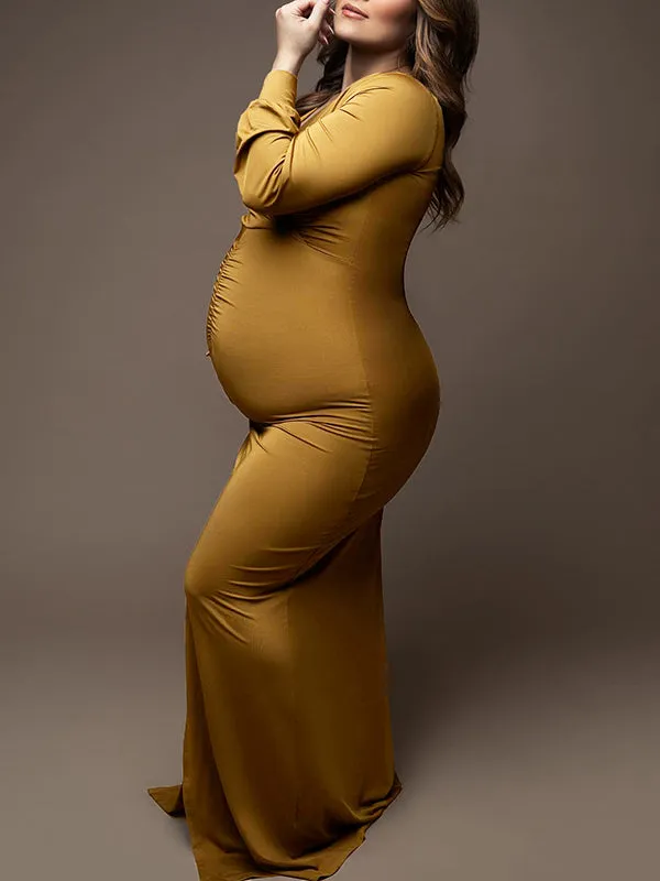 Momnfancy Brown Shirred Slit Photoshoot Warp Ruched Maternity Maxi Dress