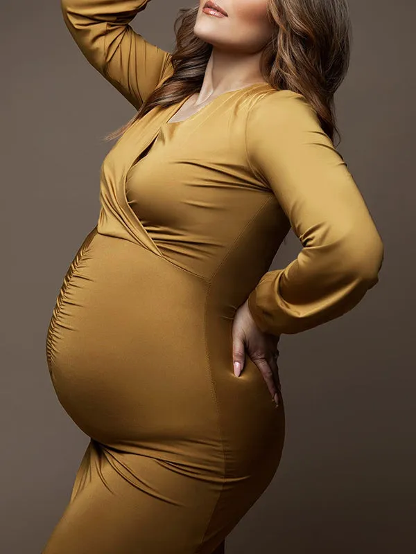 Momnfancy Brown Shirred Slit Photoshoot Warp Ruched Maternity Maxi Dress