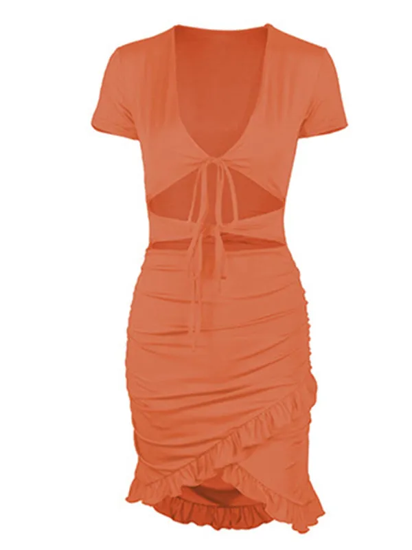 Momnfancy Chic Orange Cutout Lace Up Irregular Falbala Side Slit Bodycon Babyshower Daily Maternity Mini Dress