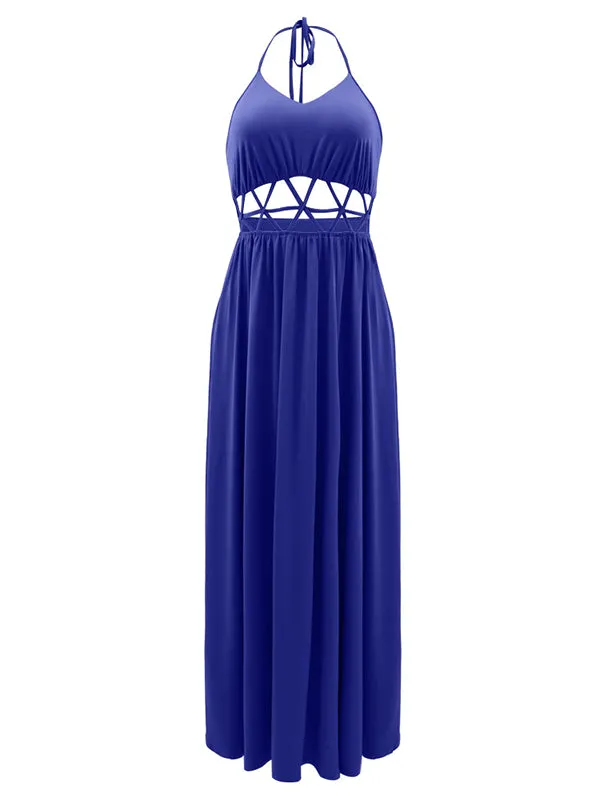 Momnfancy Elegant Blue Side Slit Cutout Open Belly Flowy Backless Babyshower Daily Vacation Maternity Maxi Dress