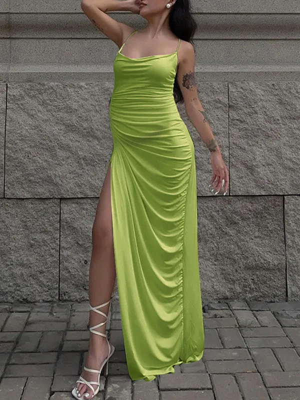 Momnfancy Green Spaghetti Strap Ruched Slit Party Shirred Maternity Maxi Dress