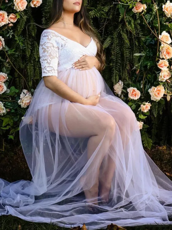 Momnfancy Lace Short Sleeve Front Slit Tulle Big Swing Sheer Photoshoot Maternity Maxi Dress