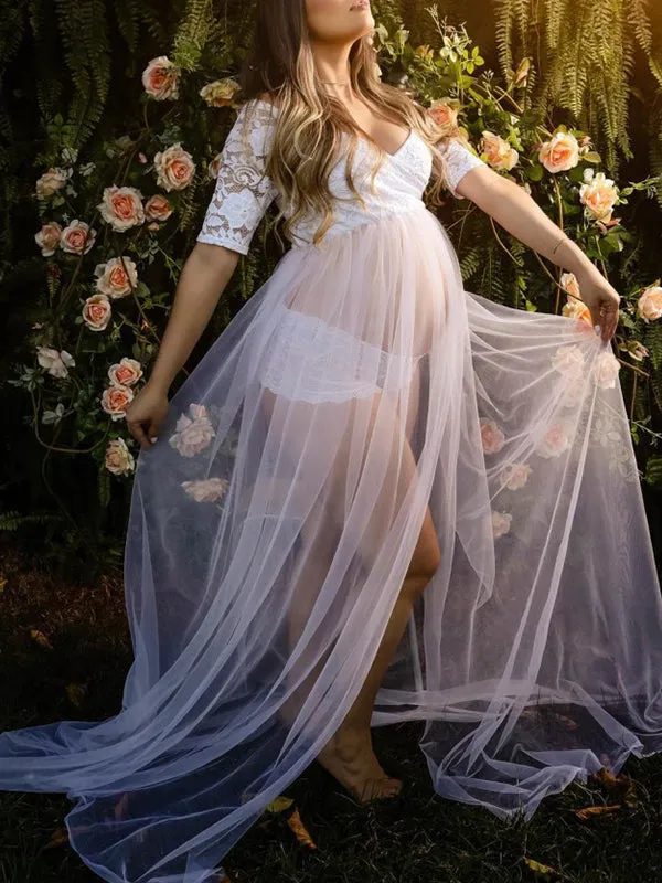 Momnfancy Lace Short Sleeve Front Slit Tulle Big Swing Sheer Photoshoot Maternity Maxi Dress