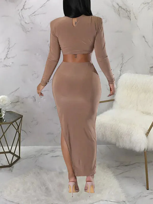 Momnfancy Light Coffee Bodycon Side Slit Cutout Bare Waist Cascading Ruffle Party Photoshoot Maternity Maxi Dress