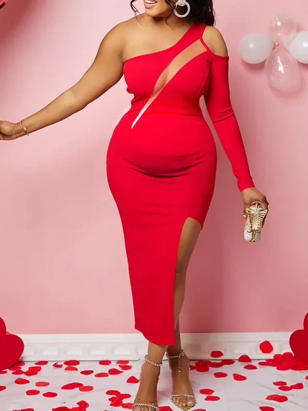 Momnfancy Mesh Bodycon Side Slit Single Sleeve Babyshower Maternity Midi Dress