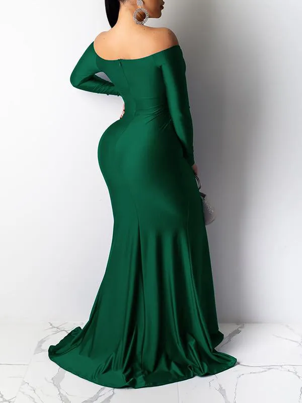 Momnfancy Off Shoulder Fitted Slit V-neck Evening Gown Mermaid Formal Baby Shower Maternity Maxi Dress