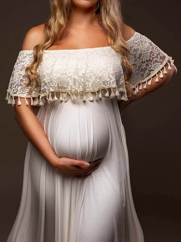 Momnfancy Off Shoulder Tassel Side Slit Boat-Neck Babyshower Photoshoot Gowns Maternity Maxi Dress