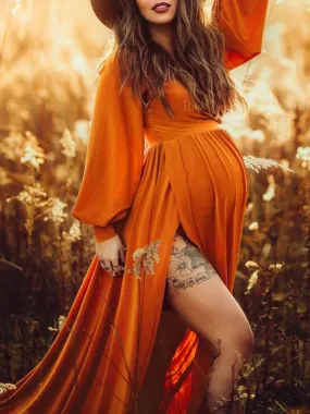 Momnfancy Orange Big Swing Slit Long Train Gown Photoshoot Maternity Maxi Dress