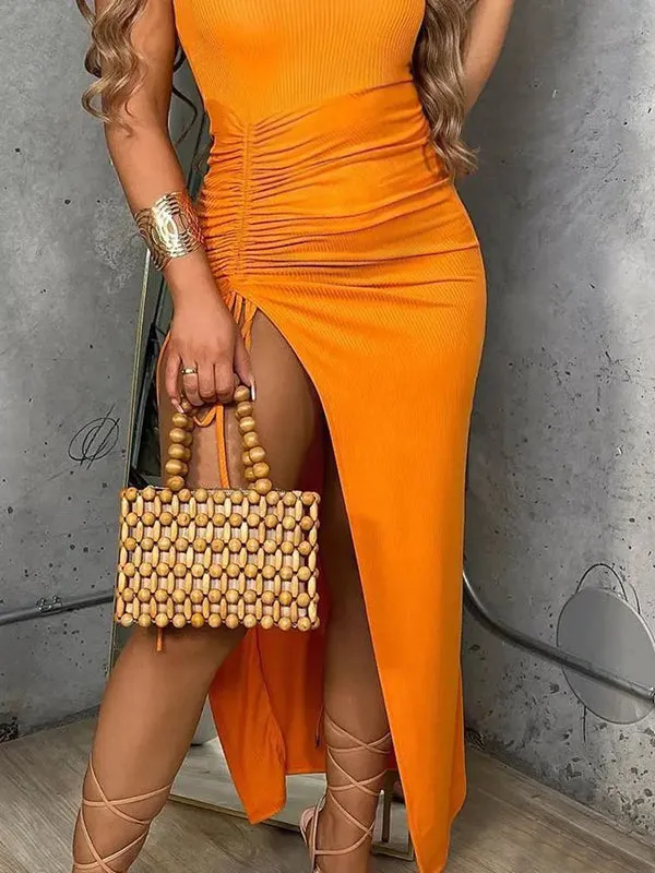 Momnfancy Orange Slit Shirred Ruched Bodycon Short Sleeve Baby Shower Maternity Maxi Dress