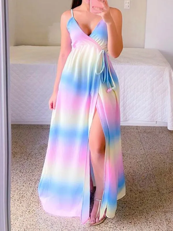 Momnfancy Pink-Blue Gender Reveal V-neck Sleeveless Spaghetti Strap Slit Maternity Maxi Dress