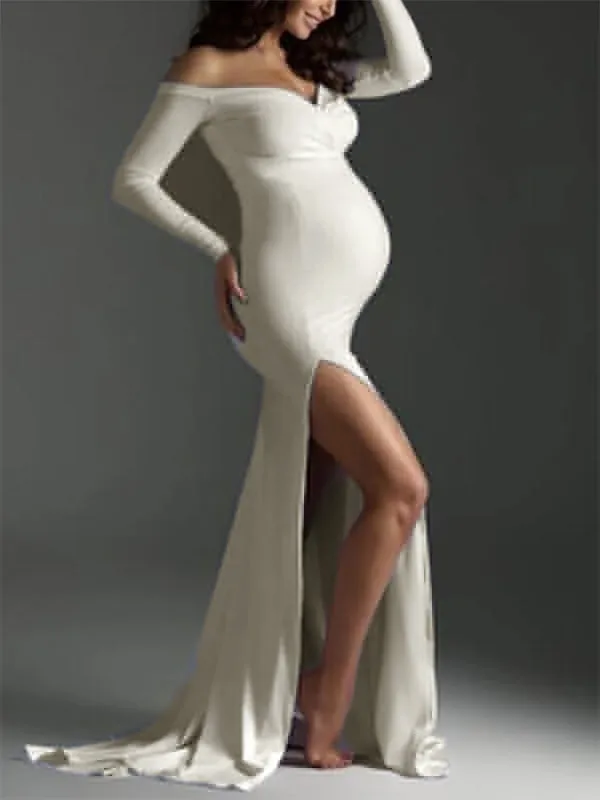 Momnfancy Side Slit Off Shoulder Pregnancy Photoshoot Gown Mermaid Baby Shower Maternity Maxi Dress