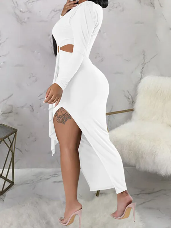 Momnfancy Solid Color Side Slit Belt Bare Waist Baby Shower Bodycon Maternity Elegant Midi Dress